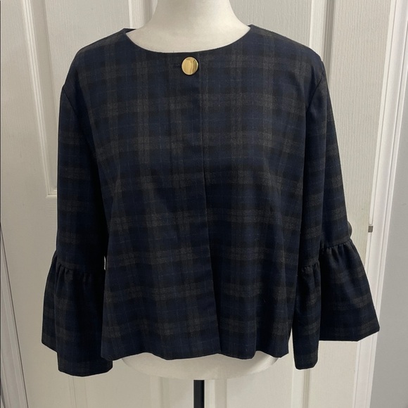 Zara Navy Blue Plaid Bell Sleeve Jacket/Top Sz L - Picture 2 of 16